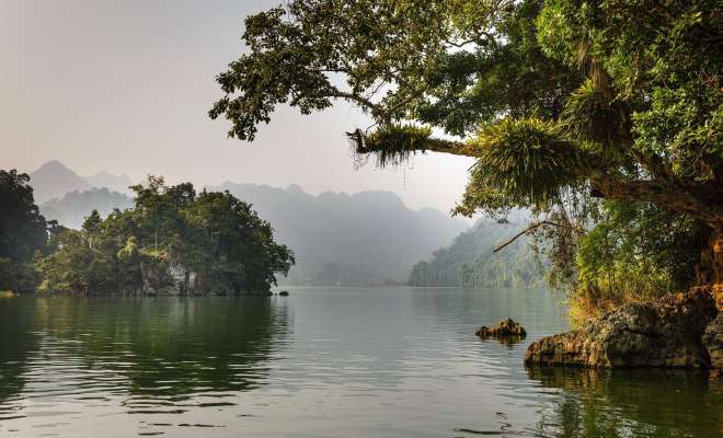 The calm waters of serene Ba Be Lake